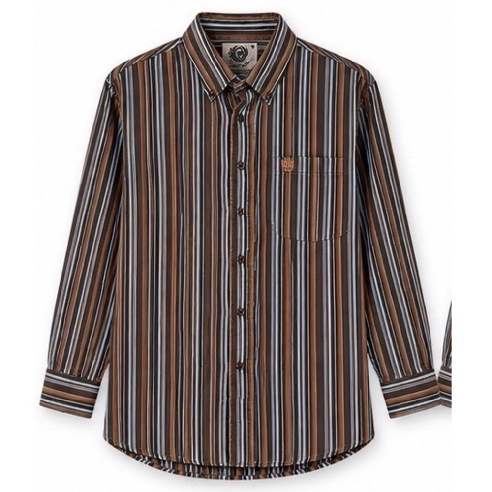 Cinch Long Sleeve Button Down Shirt Large Brown Blue Striped Western